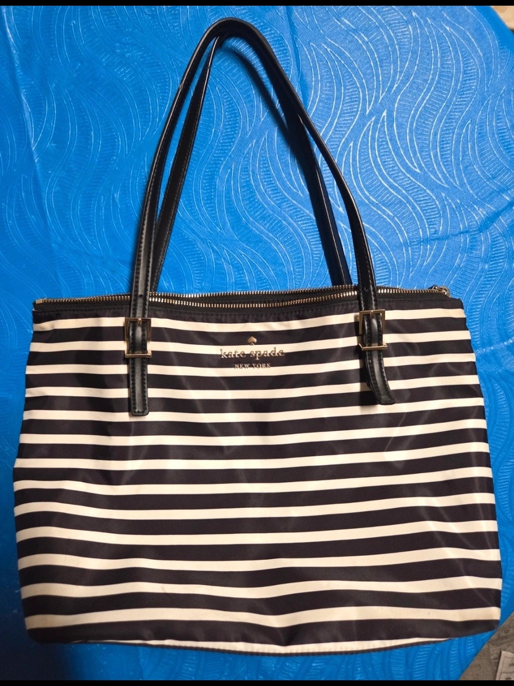 kate spade Black and White Striped Tote with Gold Logo